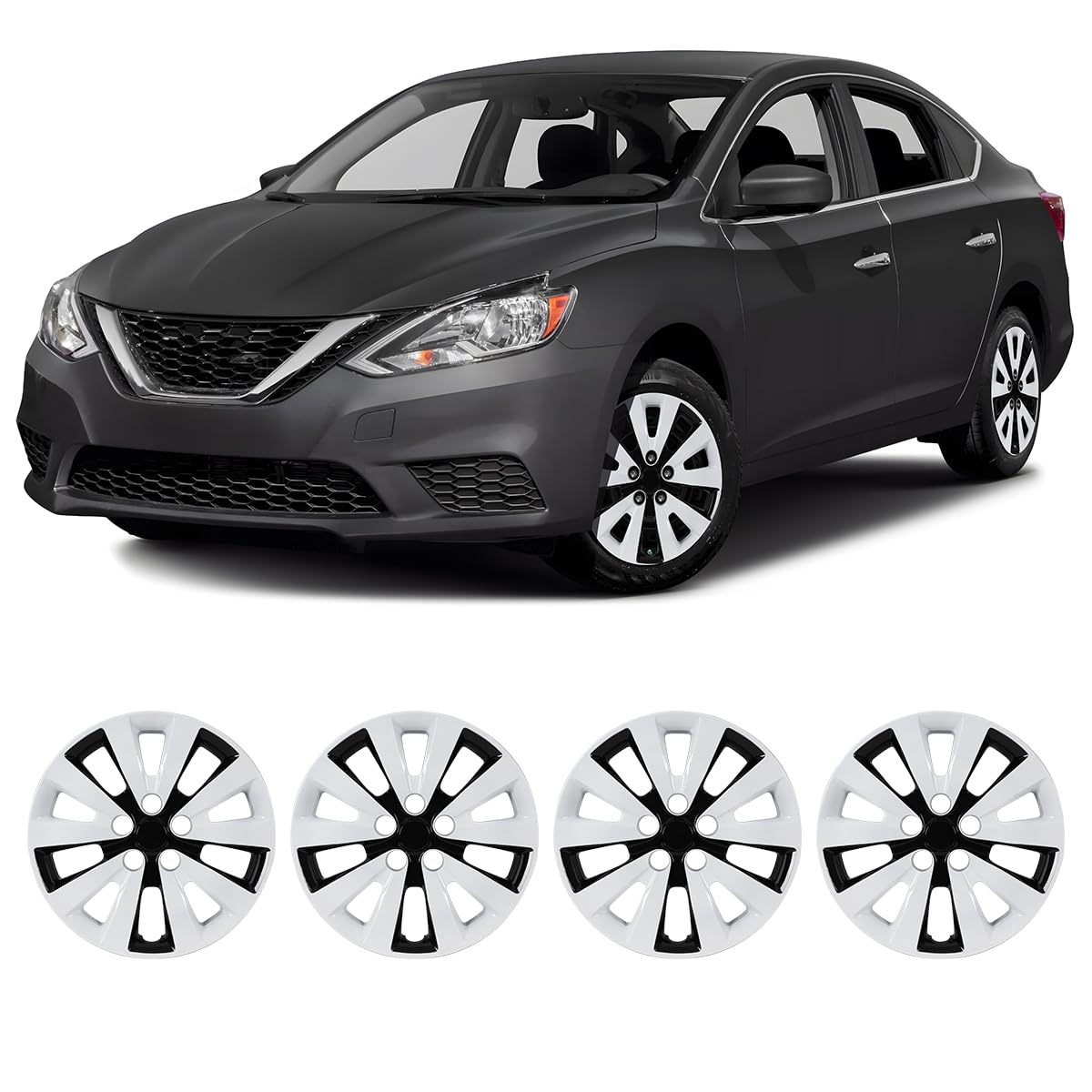 Winjet 16 inch Set of 4 Steel Wheel Hubcaps for 2013-2019 Sentra &amp; 2011-2017 Nissan Leaf Wheel Rims Cover,Snap On Installation PP Material (White Lacquer &amp; Black Lacquer)