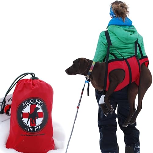 Fido Pro Airlift Emergency Dog Rescue Sling - Lightweight, Packable Dog Sling for Large Dogs with 8-Point Support System for Safe Transport - Ideal for Hiking, Skiing - Fits Dogs 45-70 lbs - Red - Large