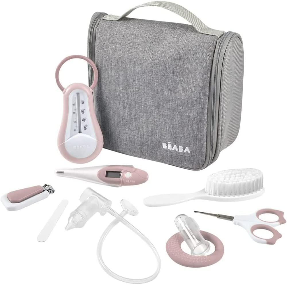 BÉABA - Baby Health Care Kit - Baby Grooming Kit - 9 Newborn Accessories : Bath and Digital Thermometer + Teething Ring + Gum Brush + Manual Nasal Aspirator + Nail Scissors - Old Pink
