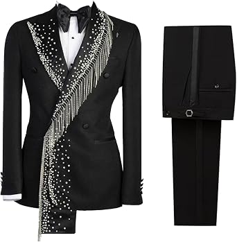 Mens 2 Piece Black Tuxedo Suit with Rhinestone Double Breasted Formal Blazer & Pants Set for Wedding, Party, Prom