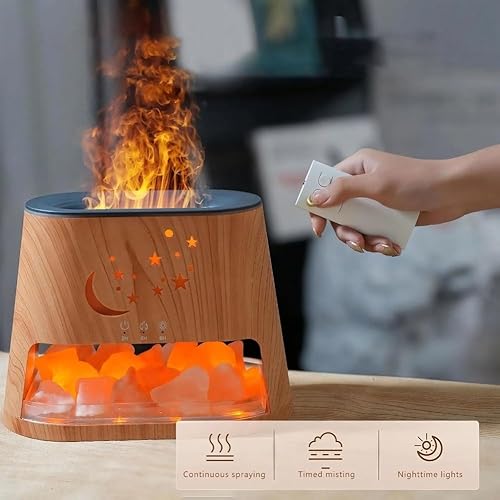 Miniatura 6 de Humidificador con lámpara de piedra de sal y efecto de llama, difusor de aromaterapia con temporizador ajustable para niebla continua o temporizada