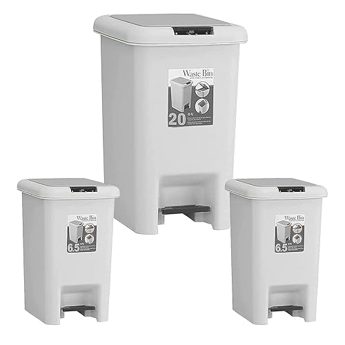 JIUCHUAN Paquete de 3 cubos de basura de cocina de 53 galones y 17 galones cubo de basura con tapa y pedal 20 litros y capacidad de 65 litros para