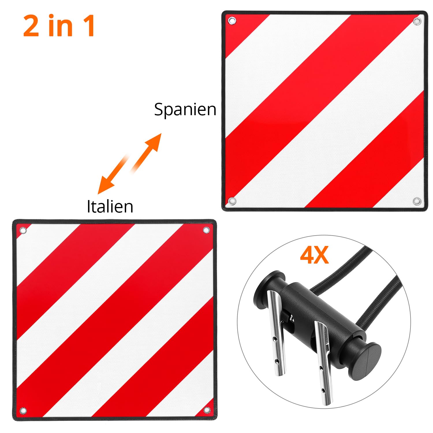 QWORK® 2 en 1 Panneau d'avertissement réfléchissant avec 4 cordes de tension, panneau signalisation 50 x 50 cm l'Italie et l'Espagne, pour porte-vélos et porte-arrière