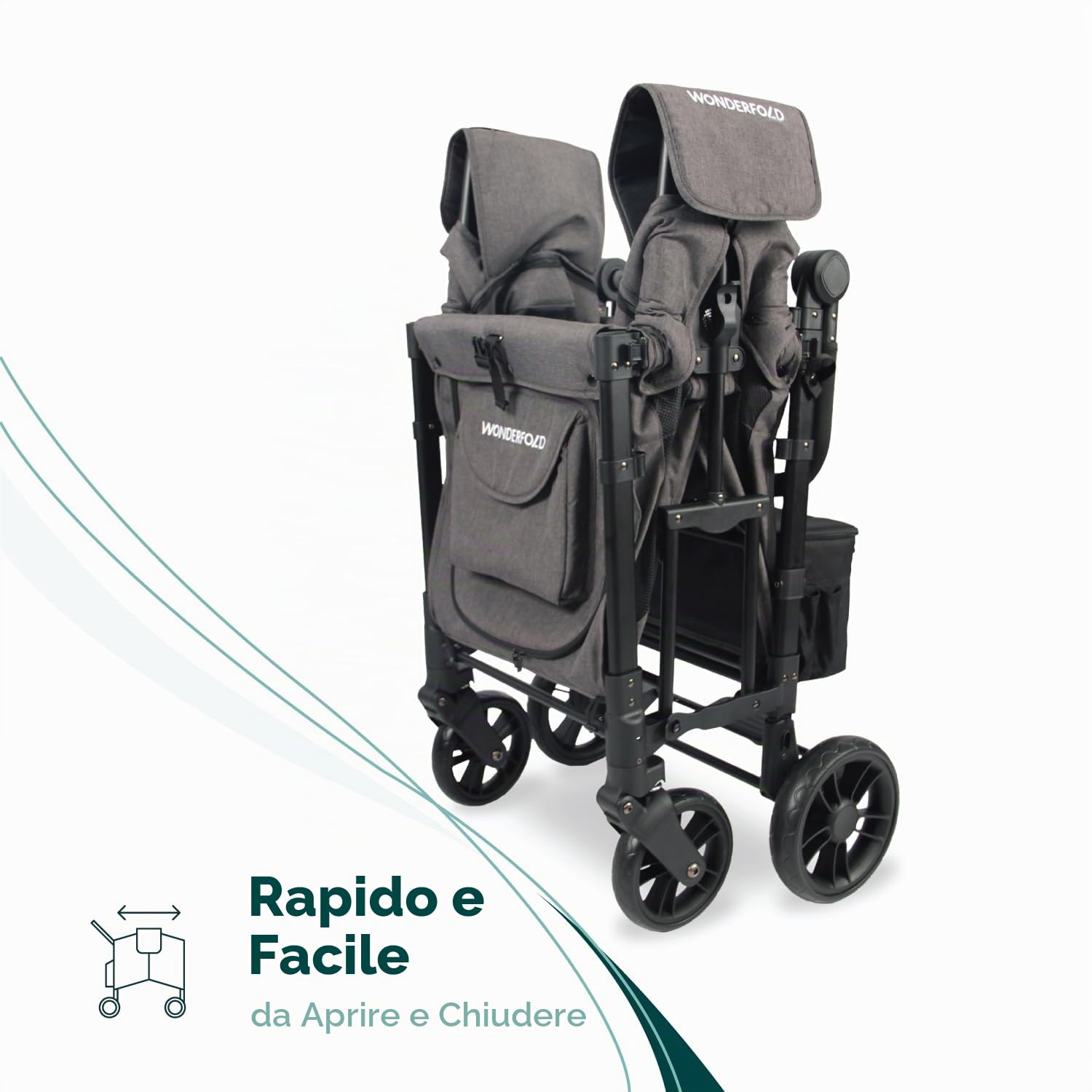 WonderFold W2 Elite KinderVan mit 2 Hochsitzen mit 5-Punkt-Sicherheitsgurten, verstellbarem Schiebegriff und höhenverstellbarem UV-Schutzverdeck, Charcoal Gray