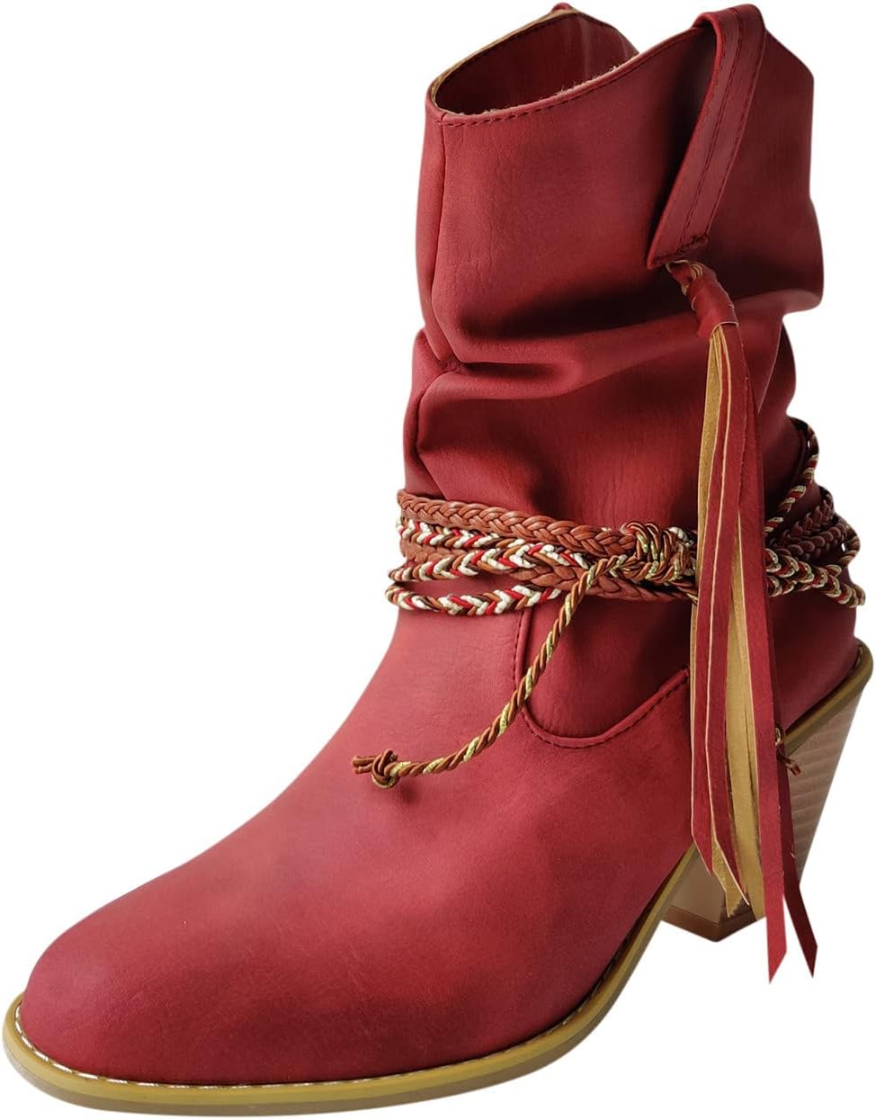 Womens Vintage Fringed Mid Calf Boots - Chunky Heel Pointed Toe Strap Lace Up High Heel Slip-on Boots Winter Solid Comfy Casual Stacked Heel Shoes