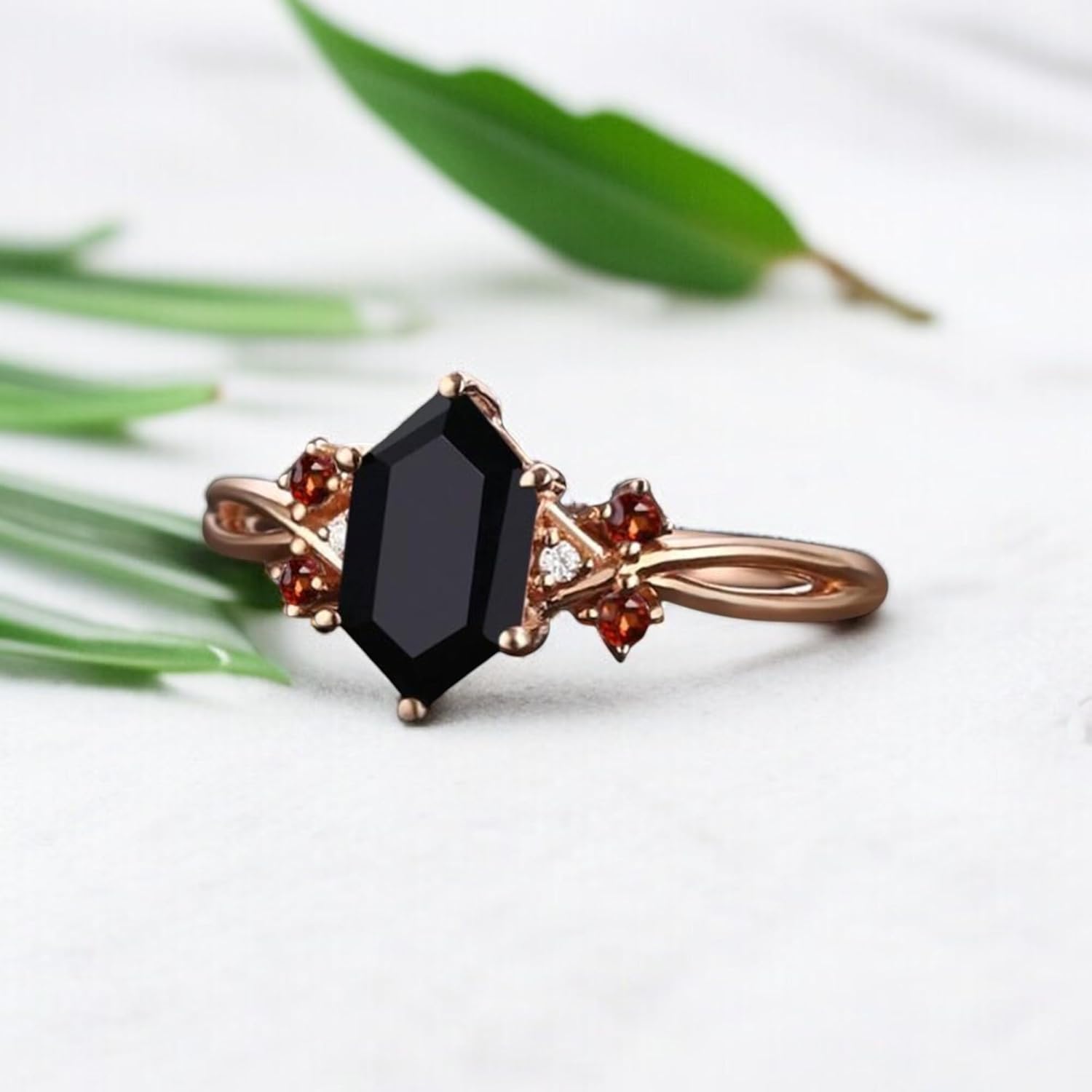 Hexagon Black Onyx Engagement Ring 14K Rose Gold Garnet Cluster Ring Vintage Inspired Design Christmas Gift for Women
