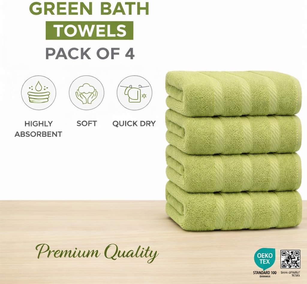 Bath Towels 27x54 – Pack of 4 | Soft & Quick-Dry | Highly Absorbent 100% Ring Spun Cotton Towels for Bathroom, Spa, Home & Hotel Use (Green)