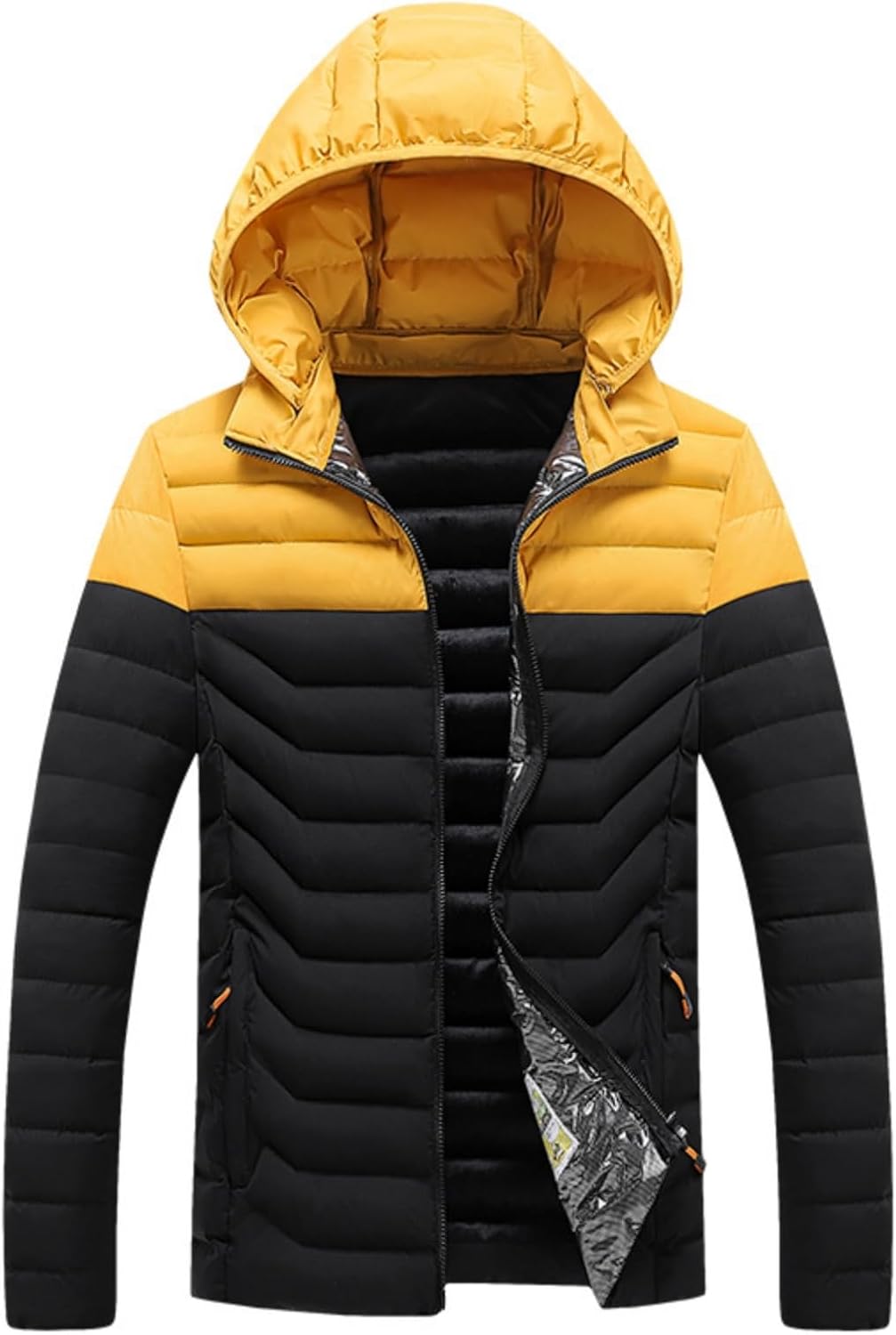 Men's Hooded Winter Coat Warm Puffer Jacket Color Block Thicken Quilted Jackets, L-4XL