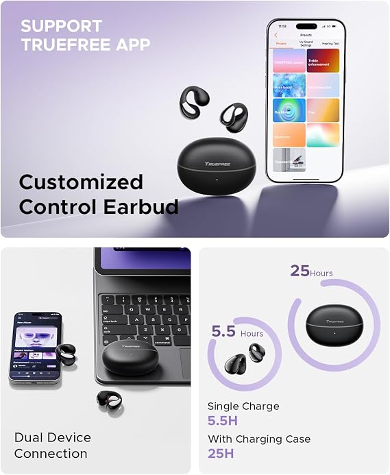 truefree B1 Open-Ear Wireless Earbuds, Bluetooth 5.4 Headphones with Spatial Audio, Ultra-Light Clip-On Fit, 25H Battery, Fast Charging, Multipoint Connection, App Customization, Workouts, Commute