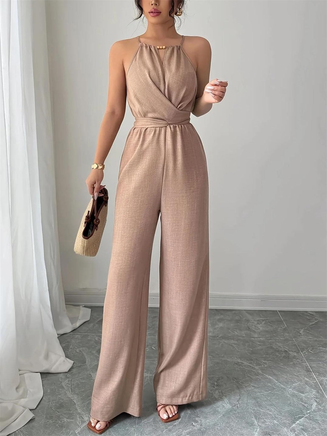 Women Pleated Neck Beaded Waist Jumpsuit Tie Button Maxi Romper