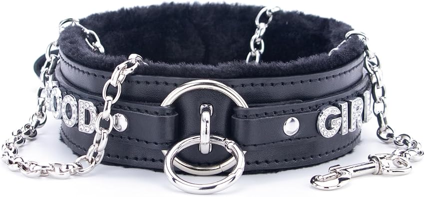 Leather Choker Collar for Women, Sparkle Letter O-Ring Punk Gothic Necklaces, Adjustable Furry Padded Goth Jewelry, Black