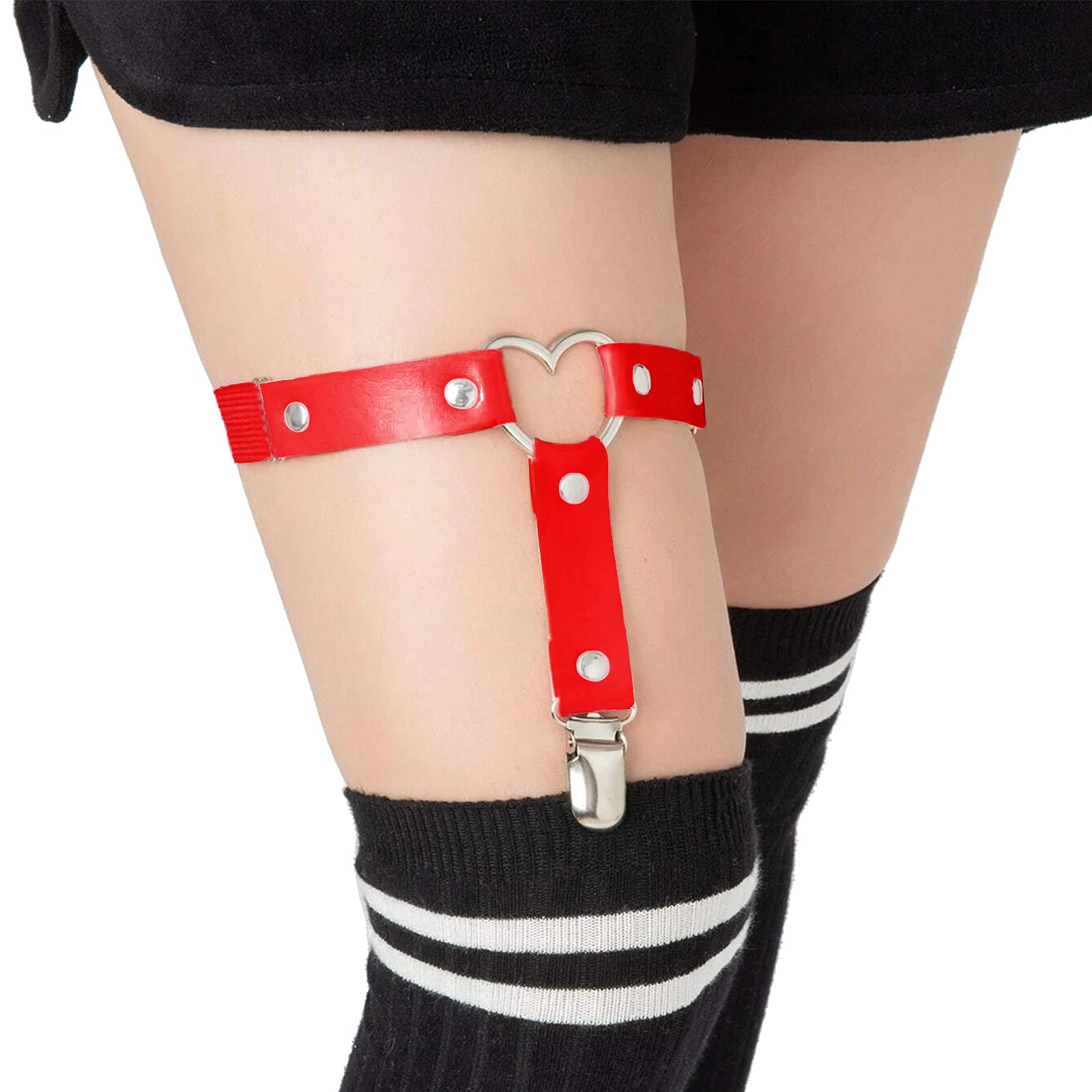 Garters Belt Adjustable Love Heart Leg Garter with Buckle Anti-Slip Clips Elastic Punk 1 Pair: Red