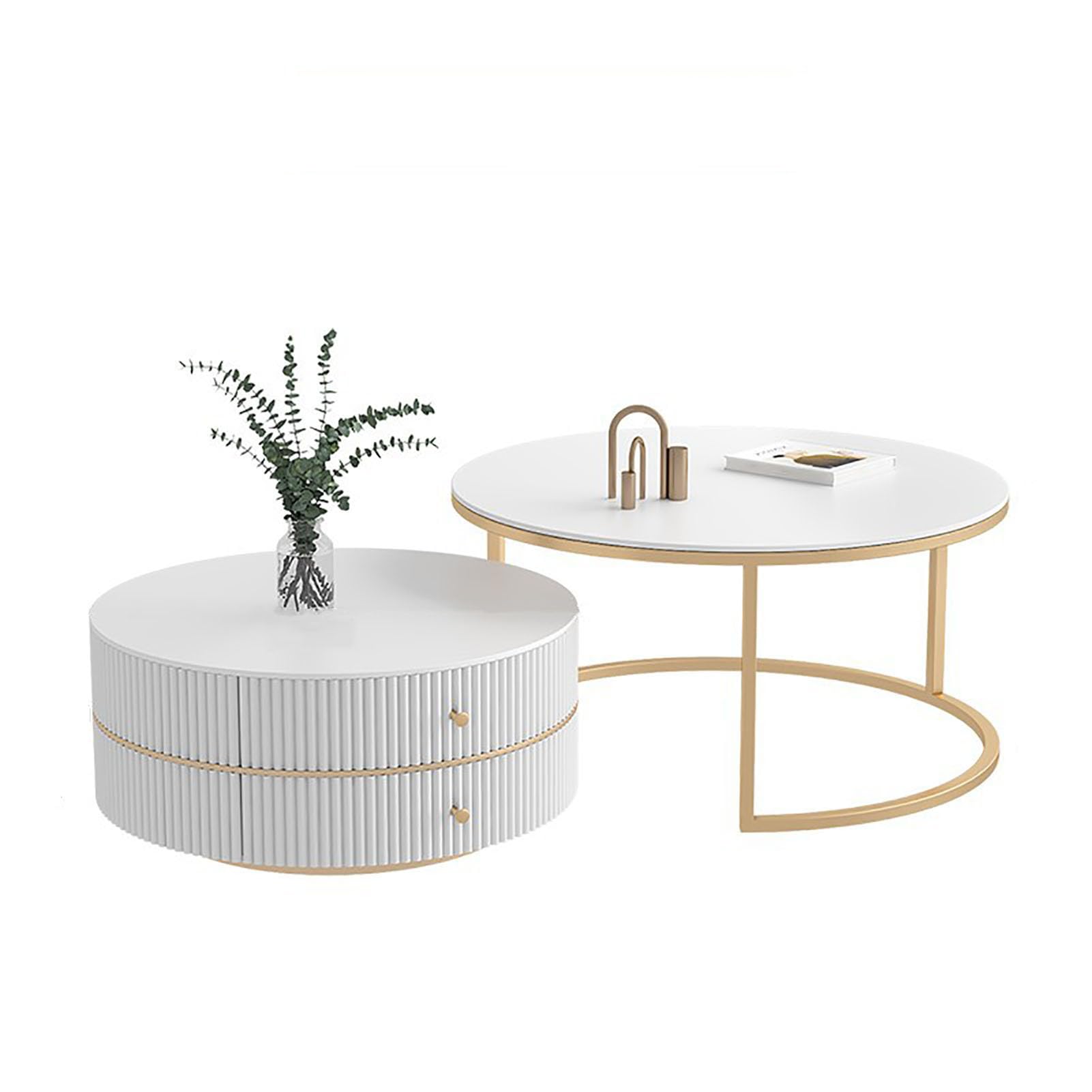 SXZenSpace Round Marble Slate Coffee Table Set of 2, Stackable Pull Out Design Modern Nesting Center with Steel Frame for Living Room,B,70cm(28")+50cm(20")