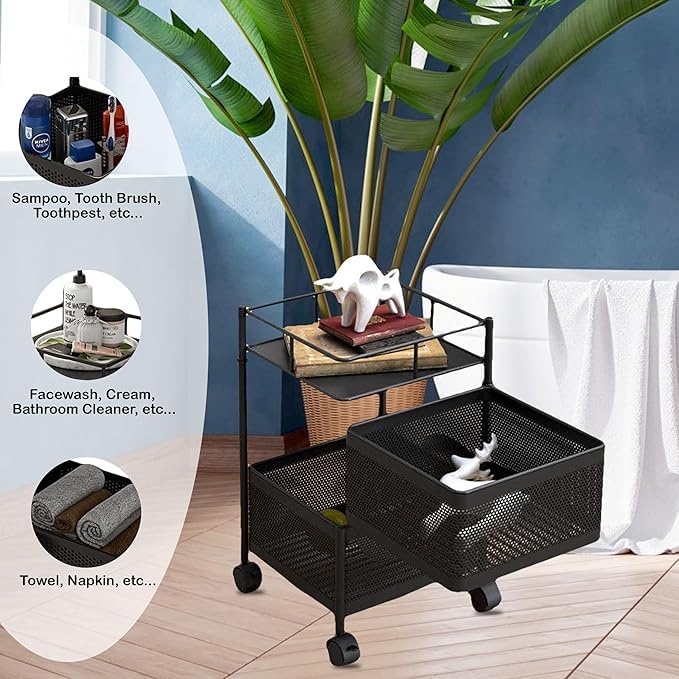 Image of KITCHIVO Kitchen Storage Rack | Revolving Vegetable Rack | Square Multipurpose Storage Trolley with Wheels | Metal Fruit Rack (Black, 2 Layer)