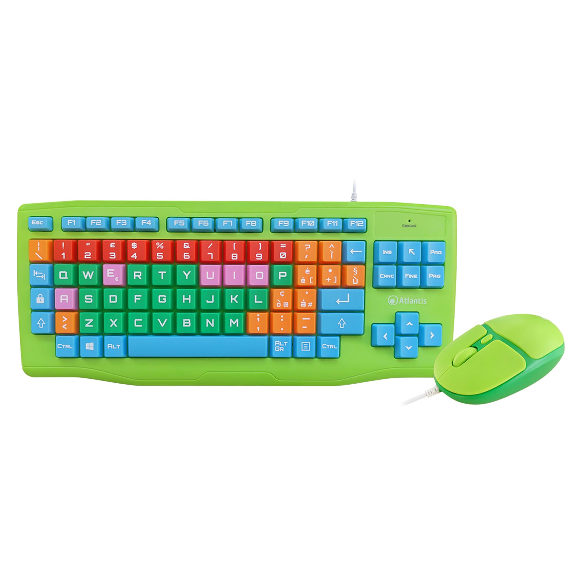 Atlantis Kids Keyboard + Mouse, Kit Tastiera Italiana QWERTY e Mouse USB fino a 1600Dpi con tasti grandi, morbidi, colorati, caratteri ingranditi