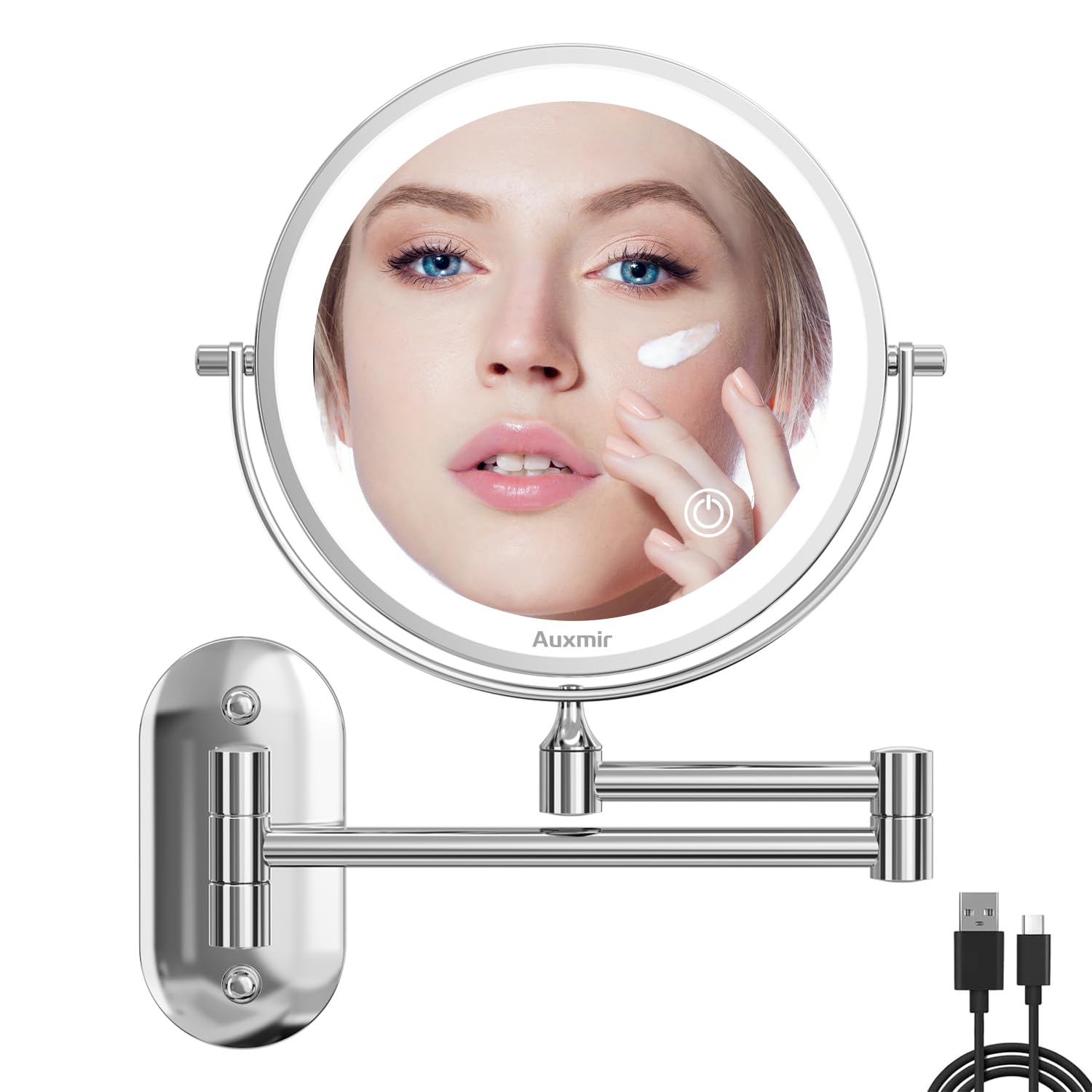 Auxmir Espejo Maquillaje con Luz Recargable, Aumento 1X/10X Doble Cara Giratorio 360, Espejo Baño Pared Extensible Táctil con USB, 3 Colores Brillo Regulable, para Hotel, Plata