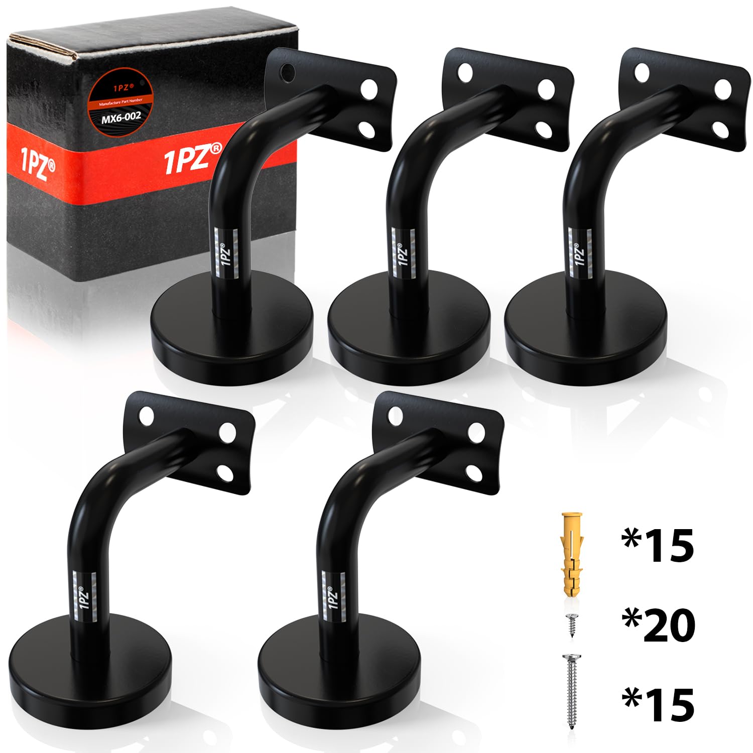 1PZ FR6-HB5 - Juego de 5 soportes para pasamanos de escalera de acero inoxidable (fijación de barandilla sólida), color negro