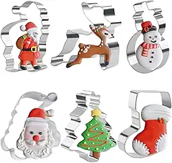 Conjunto de cortadores de biscoito de Natal, 6 peças de formas de cortadores de biscoito de aço inoxidável, árvore de Natal, boneco de neve, meias, alces, decorações de panificação (6,3 cm a 9 cm)