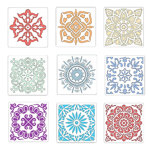 Mandala Stencils for Painting on Wood, BAYRPISE Wall Stencils for Painting, Drawing Reusable Furniture Stencils Painting Template Stencils for Painting on Canvas, DIY-Decor,Airbrush, Rocks - 9 Pack