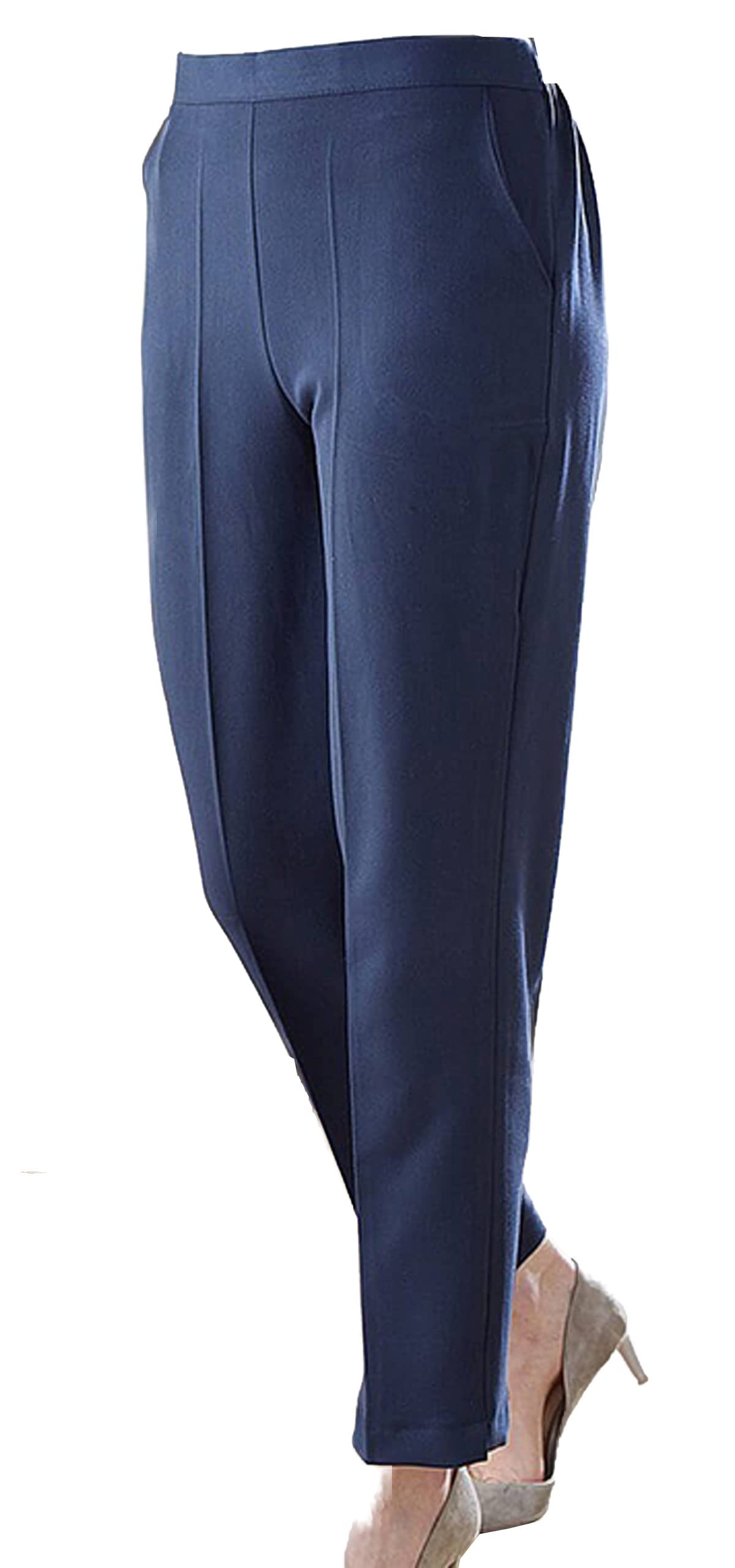 Gal Moda |Half Elasticated Waist Stretch Trousers for Women | Pull on Work Trousers for Women| Two Pocket Pull up Work Trousers | Straight Leg Plus Size Office wear Wiggly Fashion. Navy