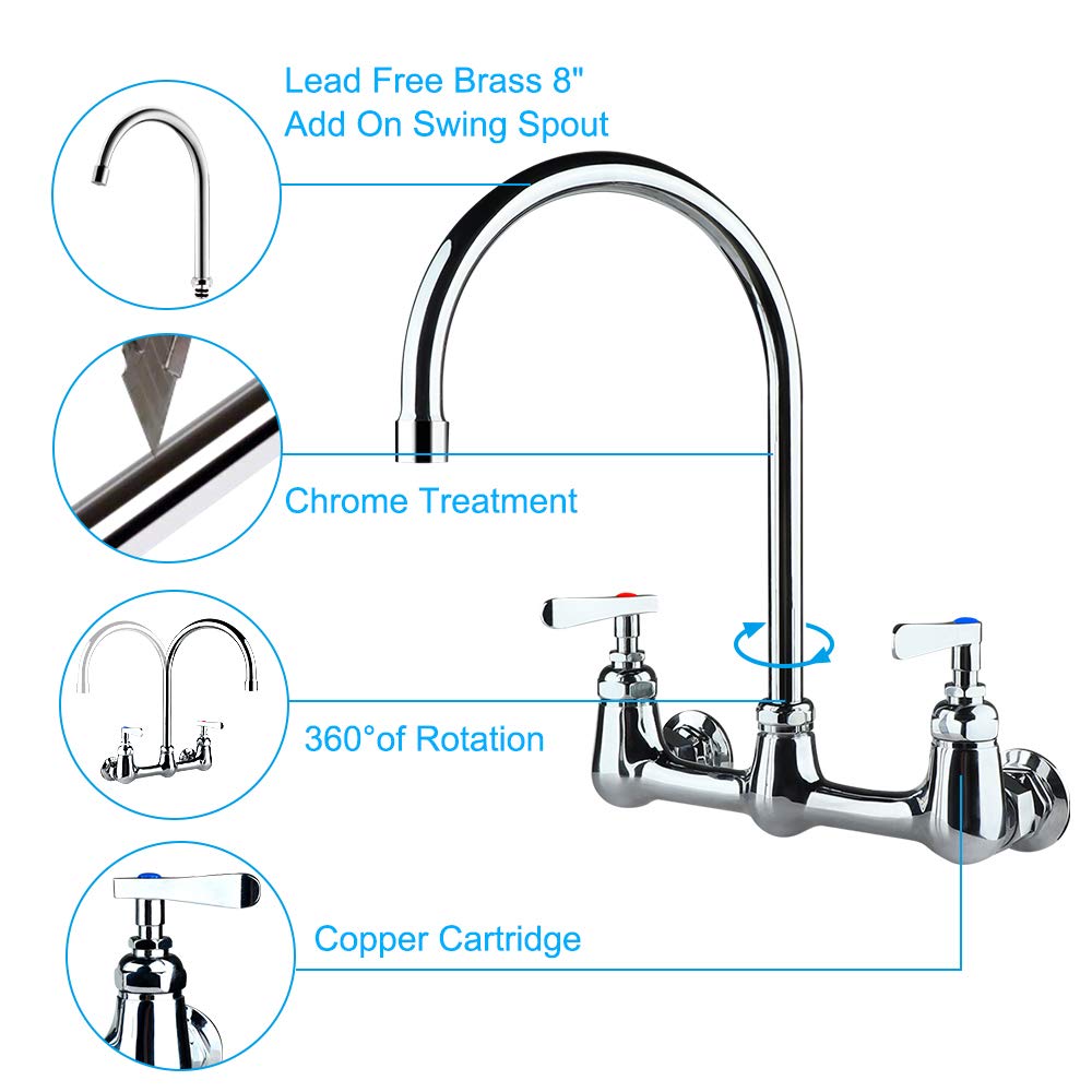 Coolwest - Grifo de pared comercial de 8 pulgadas, centro con caño giratorio de cuello de cisne de 8 pulgadas, 2 manijas de latón resistente para fregadero de cocina, acabado cromado