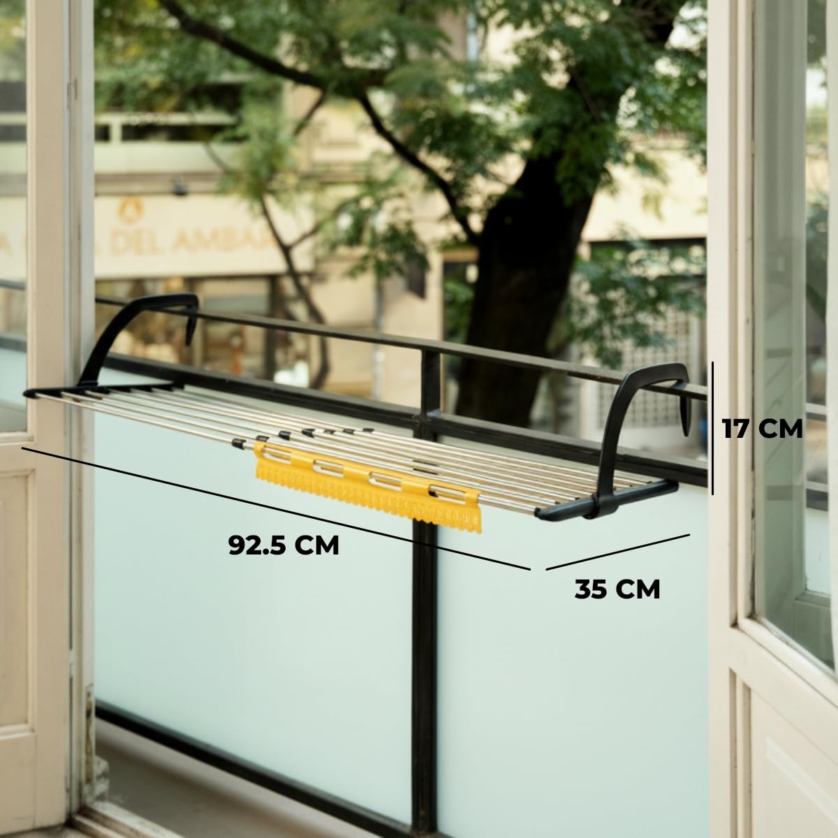 Newlux - Tendedero Balcón Extensible Flex V9 de Acero INOX (+/- 52.5-92,5x35x17cm). Tendedero barandilla Plegable con Capacidad 9M y 7kg. Accesorio Calcetines. Ideal Interiores y Exteriores, Negro
