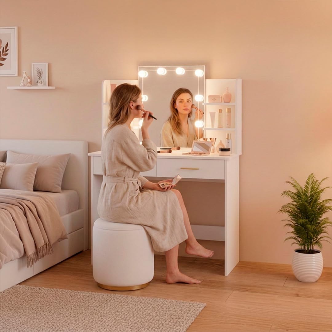 Marctani Tocador de Maquillaje con Luz LED Regulable, Espejo 10 Luces, Escritorio Compacto con Cajones