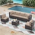 RTDTD Outdoor Patio Furniture Set, 7 Pieces Outdoor Furniture All Weather Patio Sectional Sofa PE Wicker Modular Conversation Sets with Coffee Table,6 Chairs & Seat Clips Brown