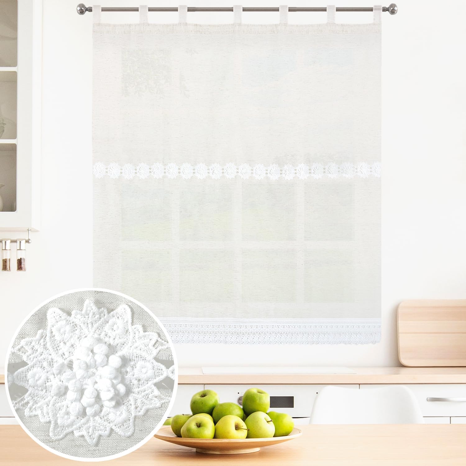 BOD HOME, 1 Pieza, Cortina Translúcida con Trabillas para Cocina, Color Beige Flores, Comedor, Cortina Media Altura, Poliéster, Diseños Bordados, Fácil Uso e Instalación. AnchoxAlto:150X150cm