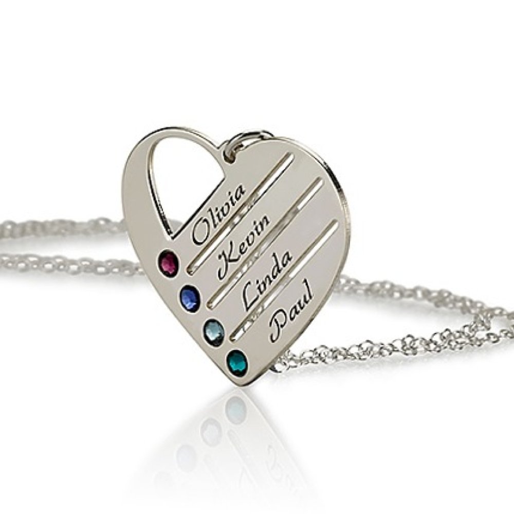 Love Pendant Heart Necklace with Simulated Birthstones - Heart Necklace - Custom Made with Any Names