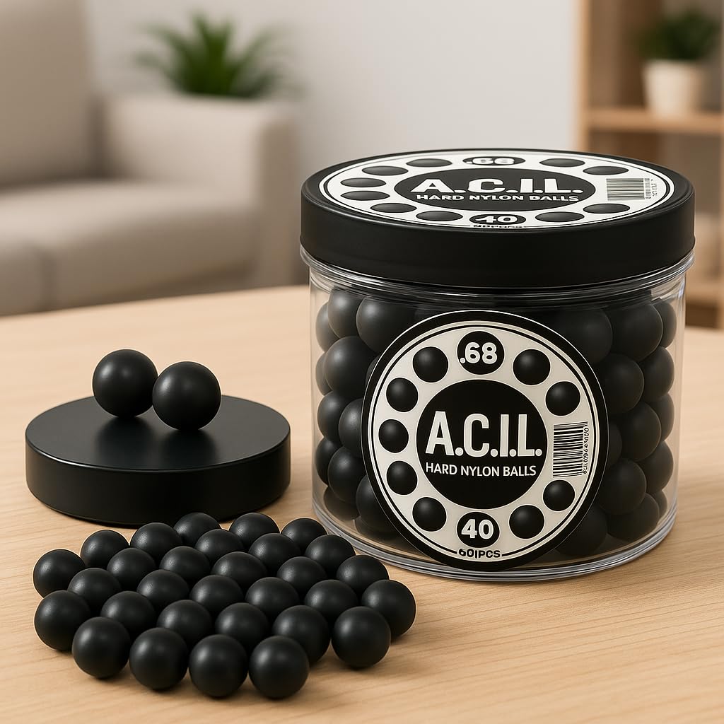 A.C.I.L. 100 x Hard Nylon Precision Balls – .68 Caliber Reusable Training Balls for Target Practice & Marker Compatibility – Durable Solid Nylon Spheres (Black)