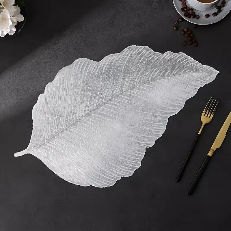 Image of Dakshya Industries PVC Waterproof Leaf Shape Table Placemat Set of 2 - Premium Rose Gold Dining Table Mats | Heat Resistant, Non-Slip, Washable Decorative Table Mat for Kitchen & Dining (Silver)