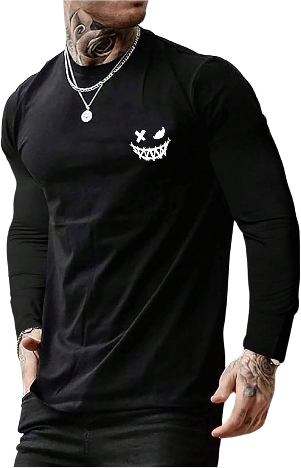 Men's Letter Graphic Long Sleeve Shirts Slim Fit Round Neck Casual Tee Tops Streetwear