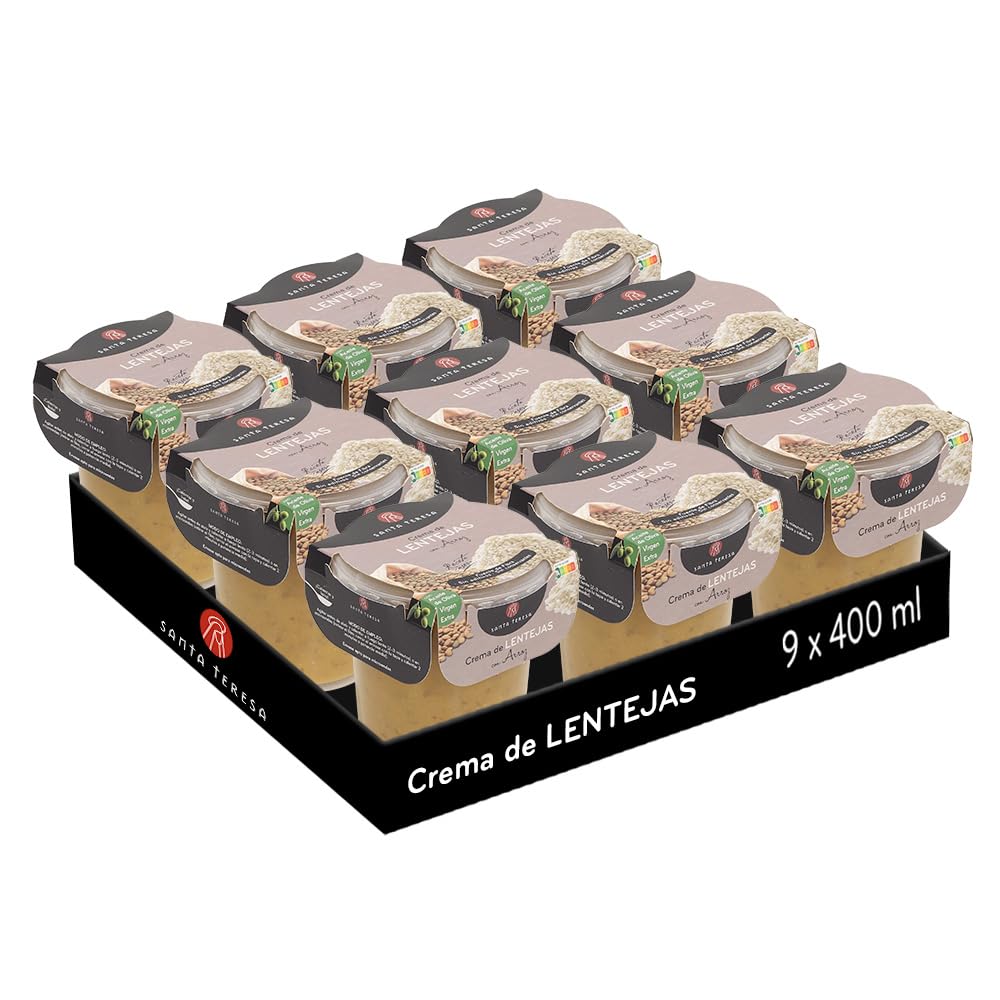 Santa Teresa - Pack de 9 Cremas de Lentejas con Arroz - Elaborada Con Ingredientes Naturales, Sin Conservantes Ni Aditivos - Envase Apto Para Microondas, Calentar Y Listo. 3.600ml