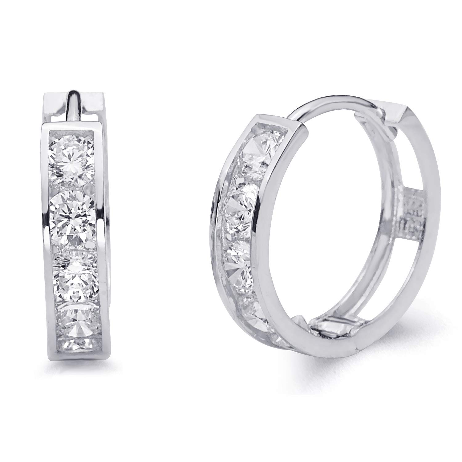 14k REAL Yellow OR White Gold 4mm Thickness CZ Channel Set Hoop Huggie Earrings (15 x 15 mm)