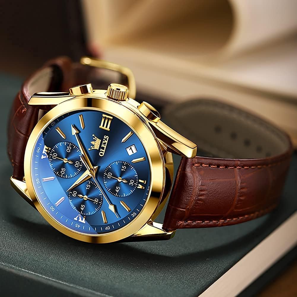 OLEVS Men's Chronograph Quartz Watches, Leather Strap Gold Case with Day Date, Waterproof Stainless Steel Wrist Watch, Luminous Hand Analog Watches for Men, Brown/Black/Blue/White Dial - Image 5