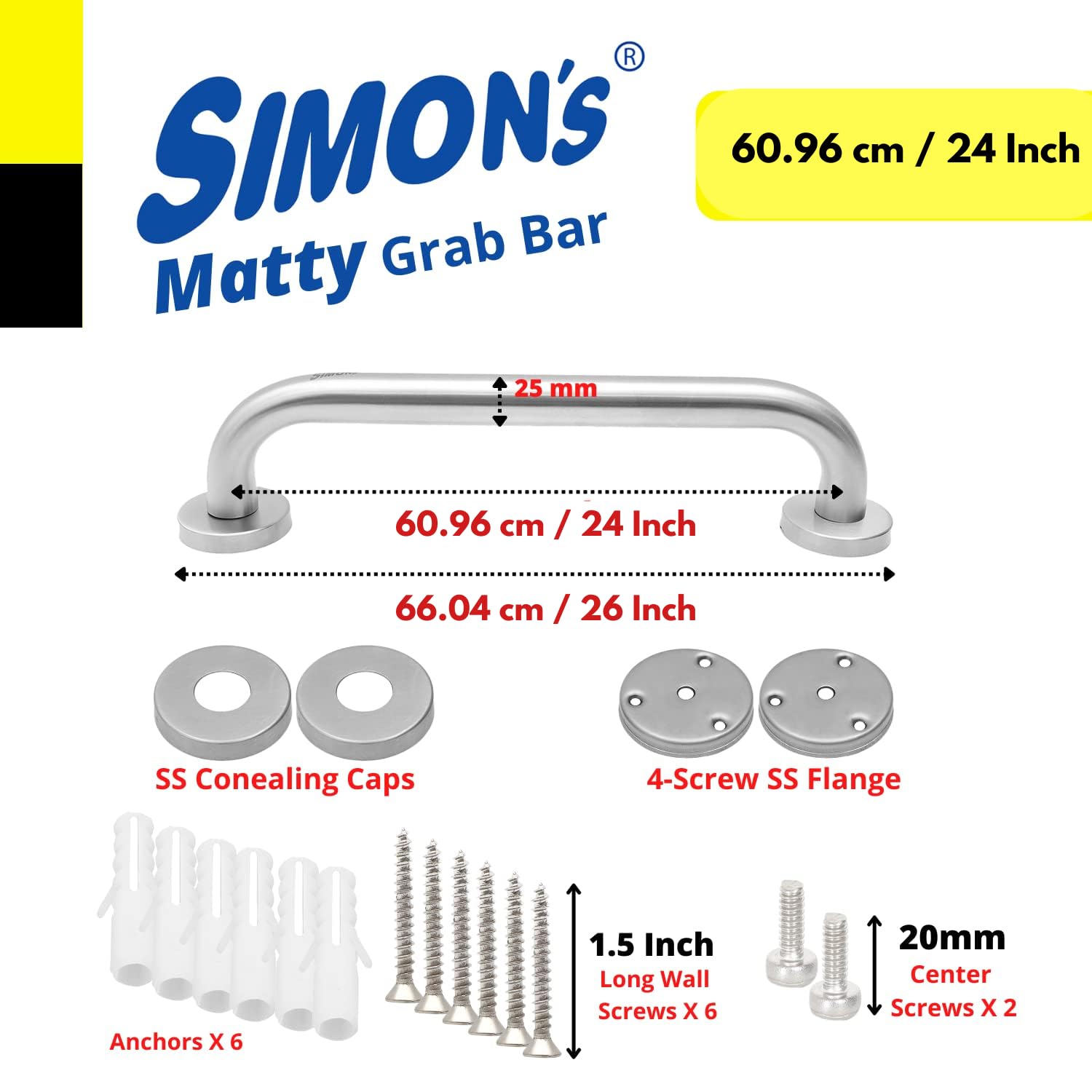 100% stainless steel of Simon 304 heavy duty heavy duty grab bar for bathroom and safety handle for the elderly - 24 inch - 2 pack 100% stainless steel of Simon 304 heavy duty heavy duty grab bar for bathroom and safety handle for the elderly - 24 inch - 2 pack