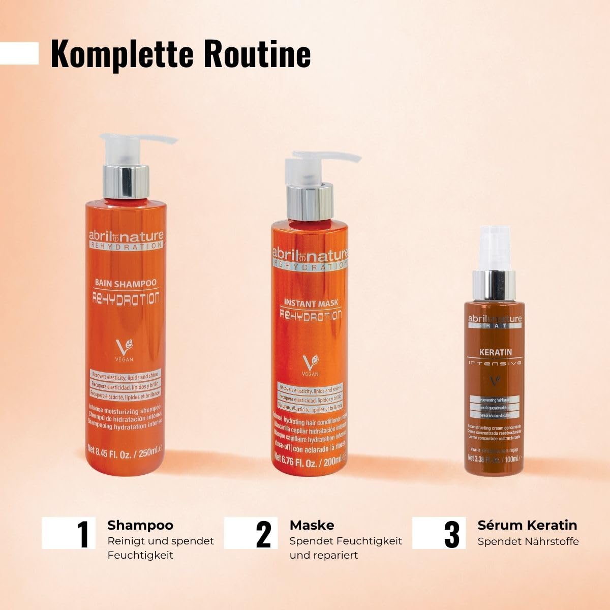 abril et nature - Haarpflege-Set Rehydration - Maximale Feuchtigkeit für trockenes Haar - Shampoo-, Maske- und Serum-Set - Stellt Flexibilität und Aussehen des Haares wieder her - 550 ml