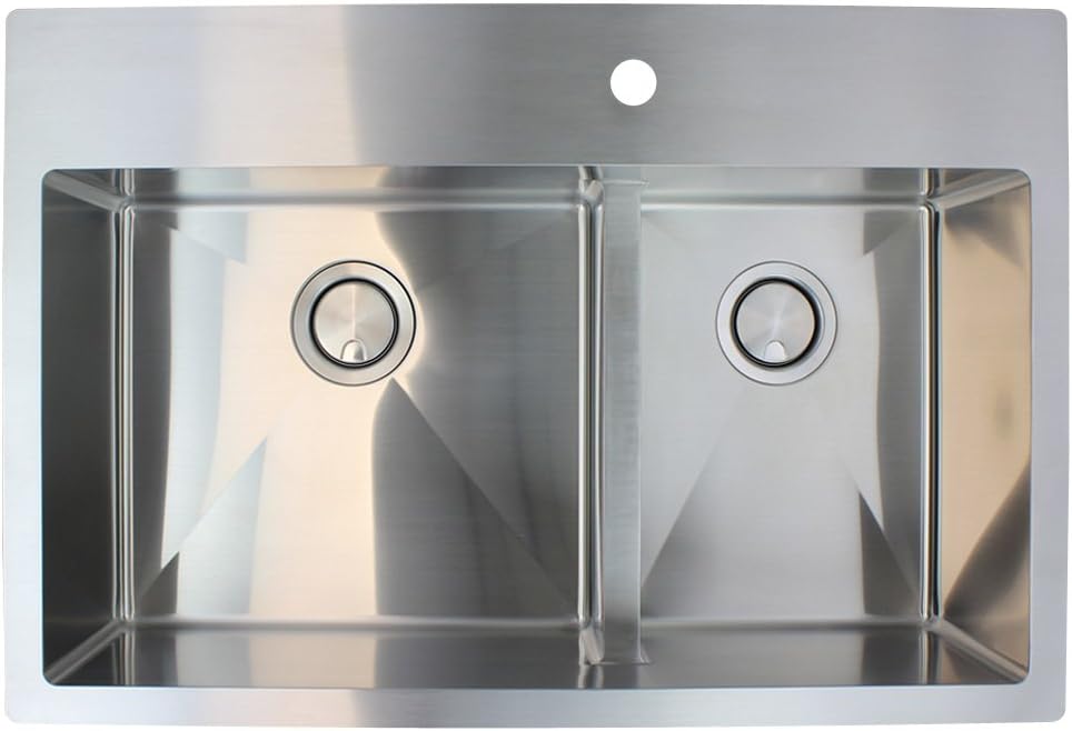 Transolid DTDO332210-MR2 Diamond 2-Hole Dual Mount 60/40 Double Bowl 16-Gauge Stainless Steel Kitchen Sink, 33-in x 22-in x 10-in, Brushed Finish