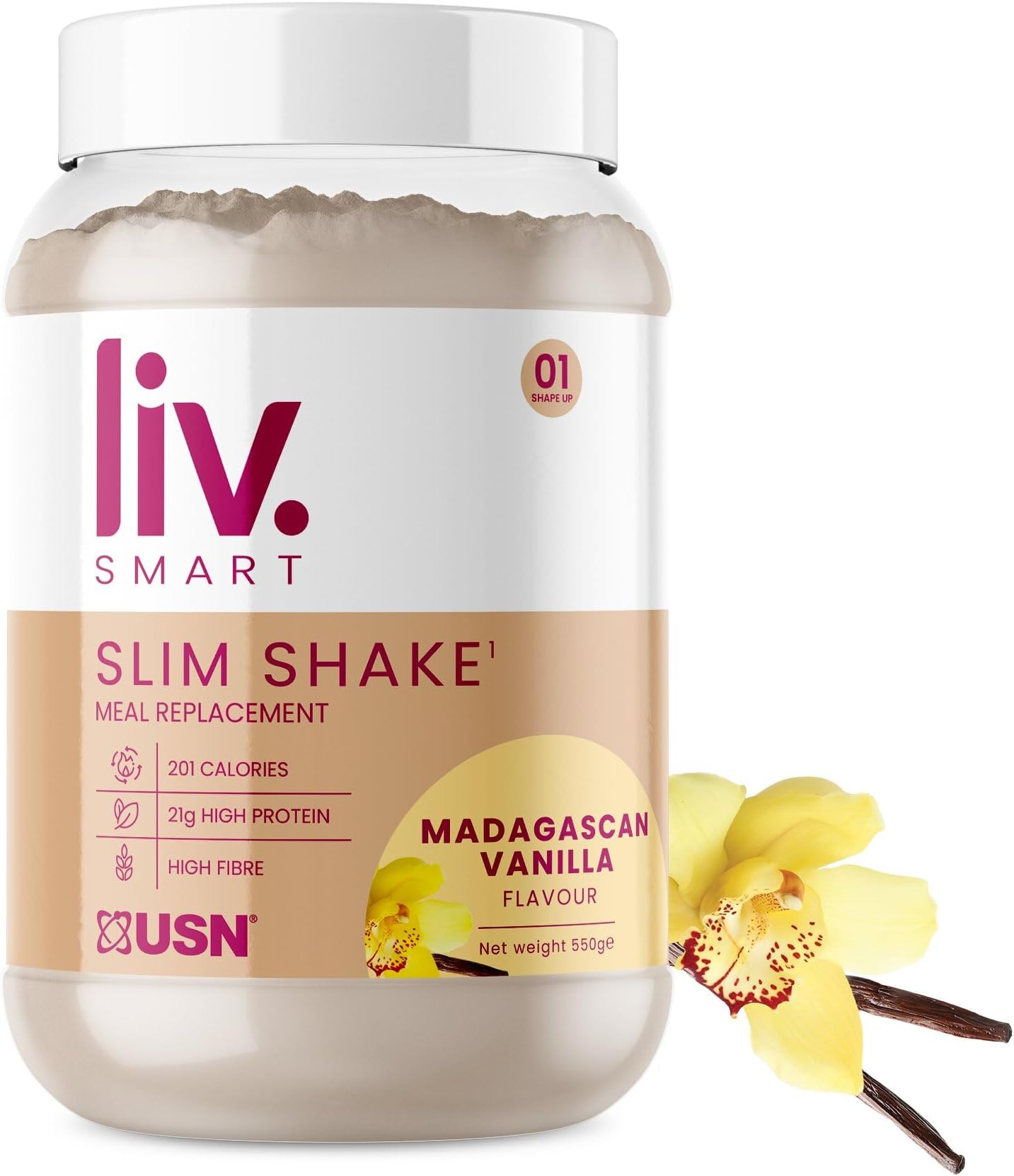USN Liv.Smart Slim Shake Madagascan Vanilla 550g - High Protein (21g) Meal Replacement Shake & Weight Loss Support - Low in Sugar & Suitable for Vegetarians, 10 Servings