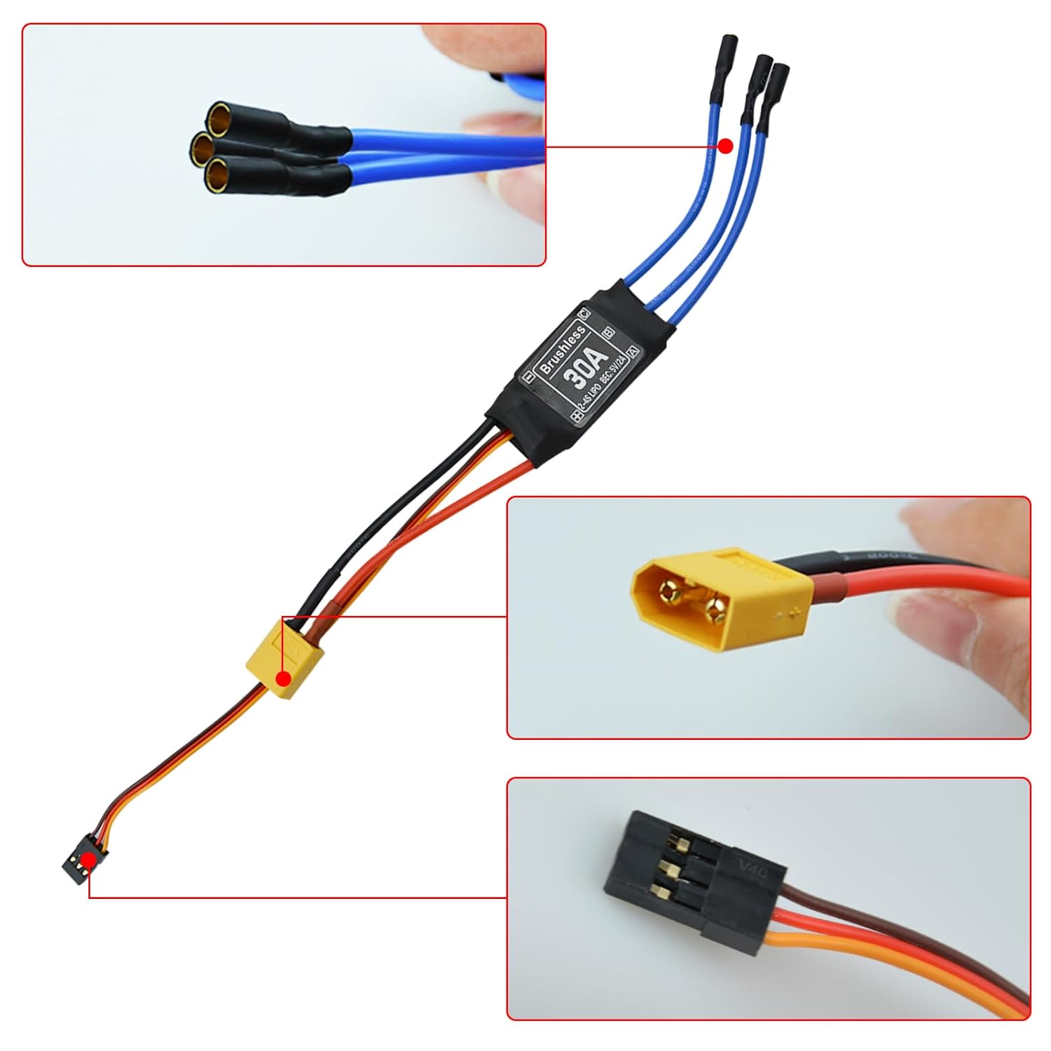 30A Electric Brushless Motor Controller, 2 Pcs ESC Speed Controller with XT60 and 3.5mm Bullet Plugs for RC Drone RC Airplane Helicopter (30A)