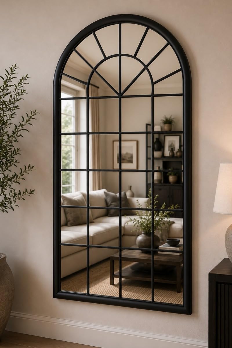 Large Rustic Black Framed Arched Leaner Wall Mirror - 63"" X 36"" 160x91cm