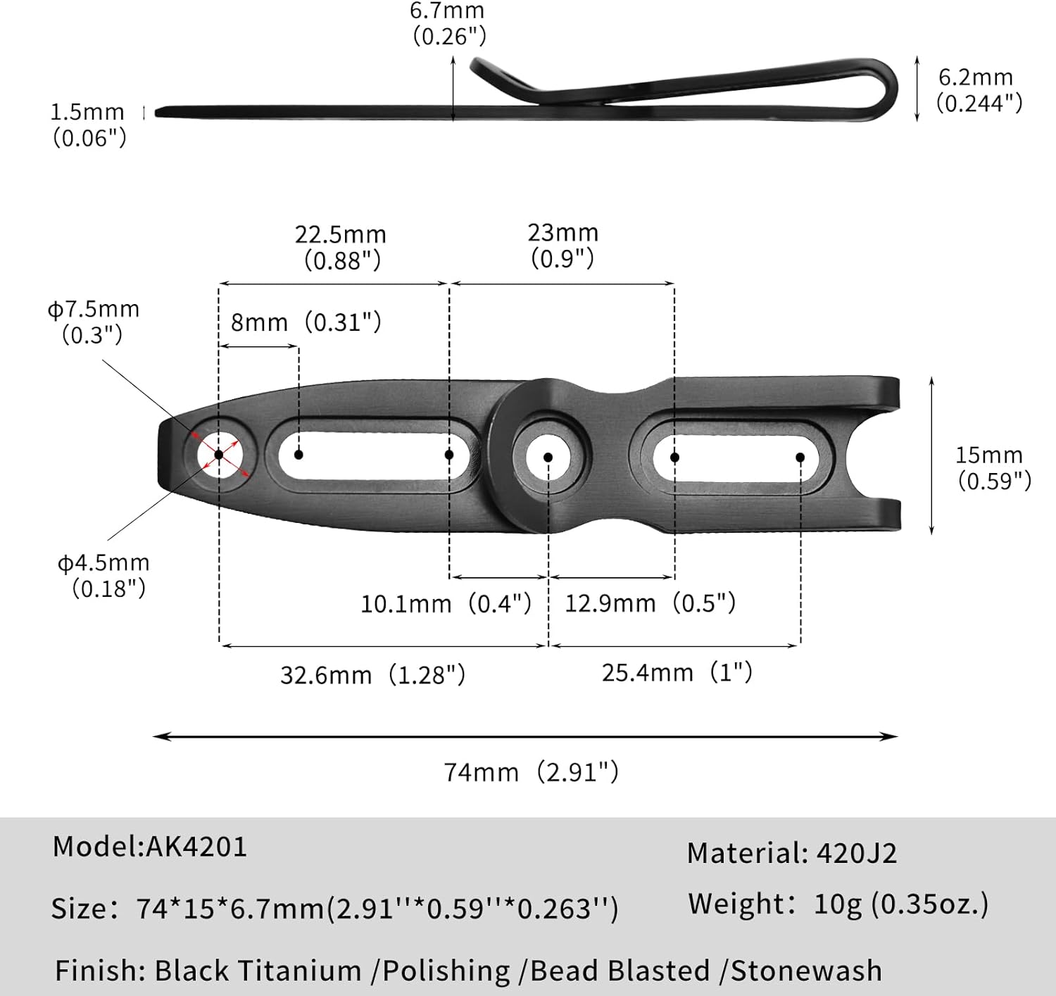 TONIFE Pocket Clip for Kydex Sheath Outdoor Knife Accessory with Multiple Hole Distances and Thickness Options (Bead Blasting)