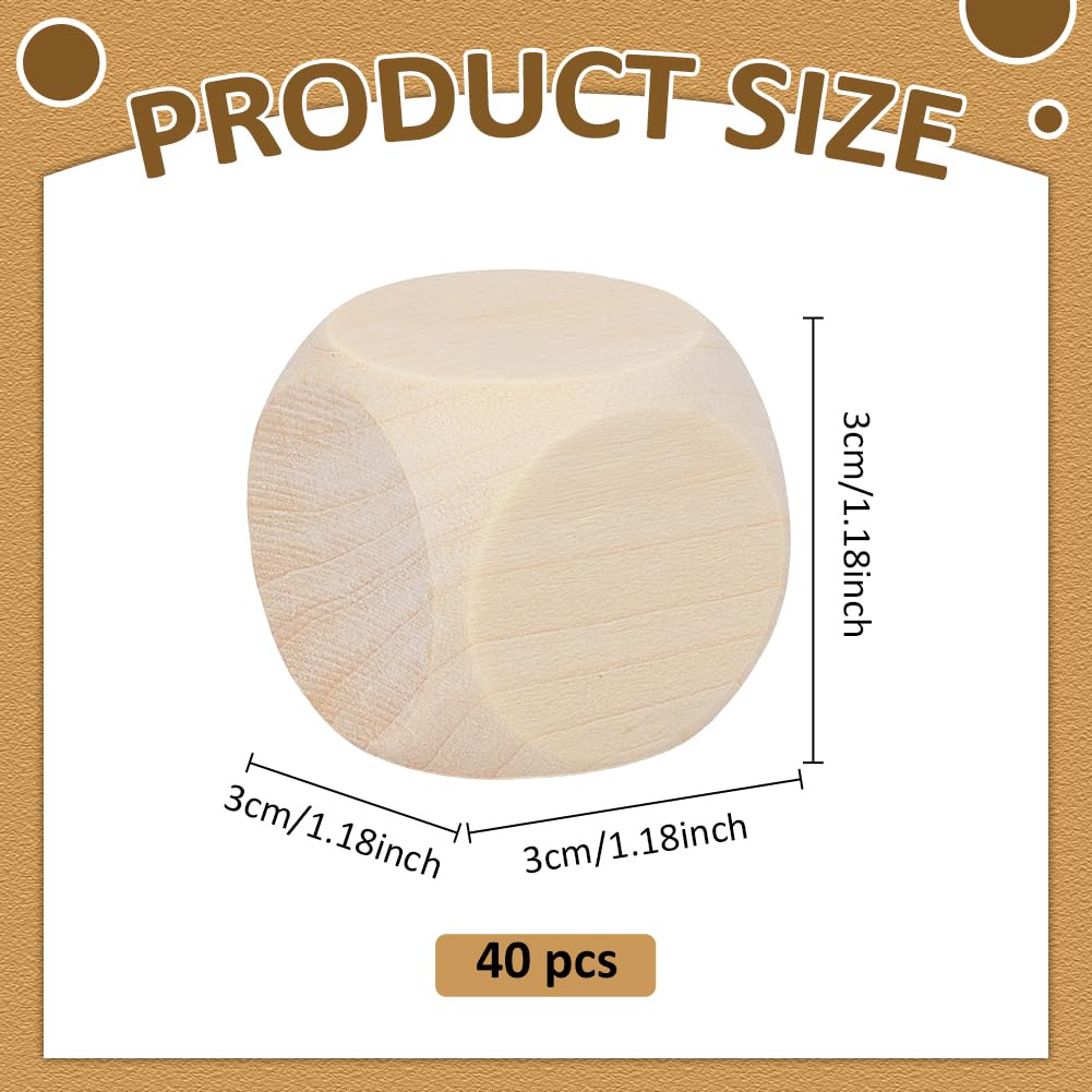 BENECREAT 40 Dadi In Legno Grezzo da 3x3x3 cm, Piccoli Dadi a 6 Facce con Angoli Arrotondati per Dipingere, Disegnare, Impilare, Colorare e Giocare