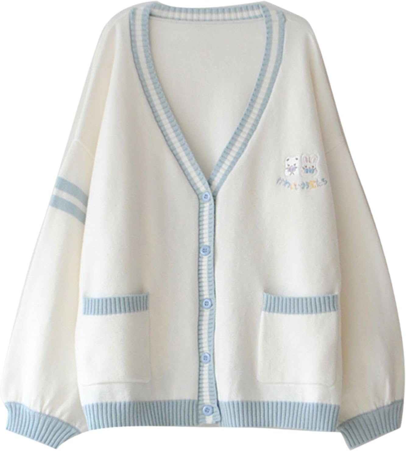 FindThy Women’s Cute Rabbit Embroidered Cardigan Long Sleeve Pocketed Kawaii Cardigans Sweater