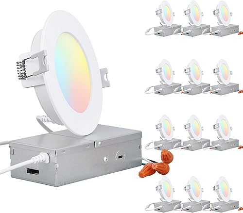 TORCHSTAR Paquete de 12 luces LED empotrables 5CCT de 4 pulgadas con caja de conexiones, CRI 90+, 2700K3000K3500K4000K5000K, luz empotrable