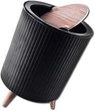 سلة مهملات للديكور، غطاء منزلق مبتكر وأرجل خشبية، لون أسود