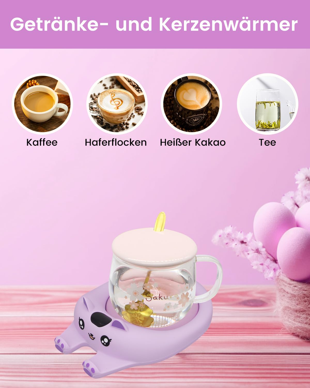 Calentador de tazas para escritorio, apagado automático, calentador de velas inteligente con 3 ajustes de temperatura, calentador de bebidas eléctrico para café, cacao, té (morado)