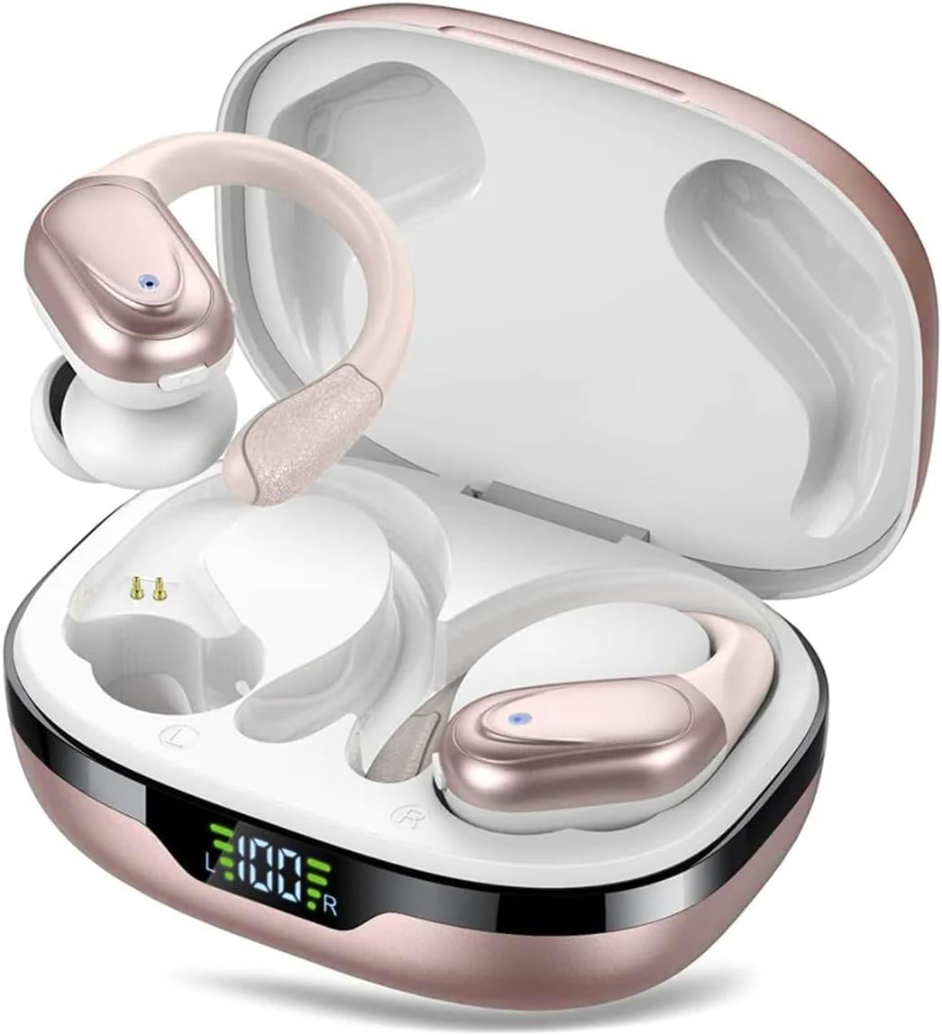 Digital LED display on the charging case showing battery percentage for the case and individual earbuds.