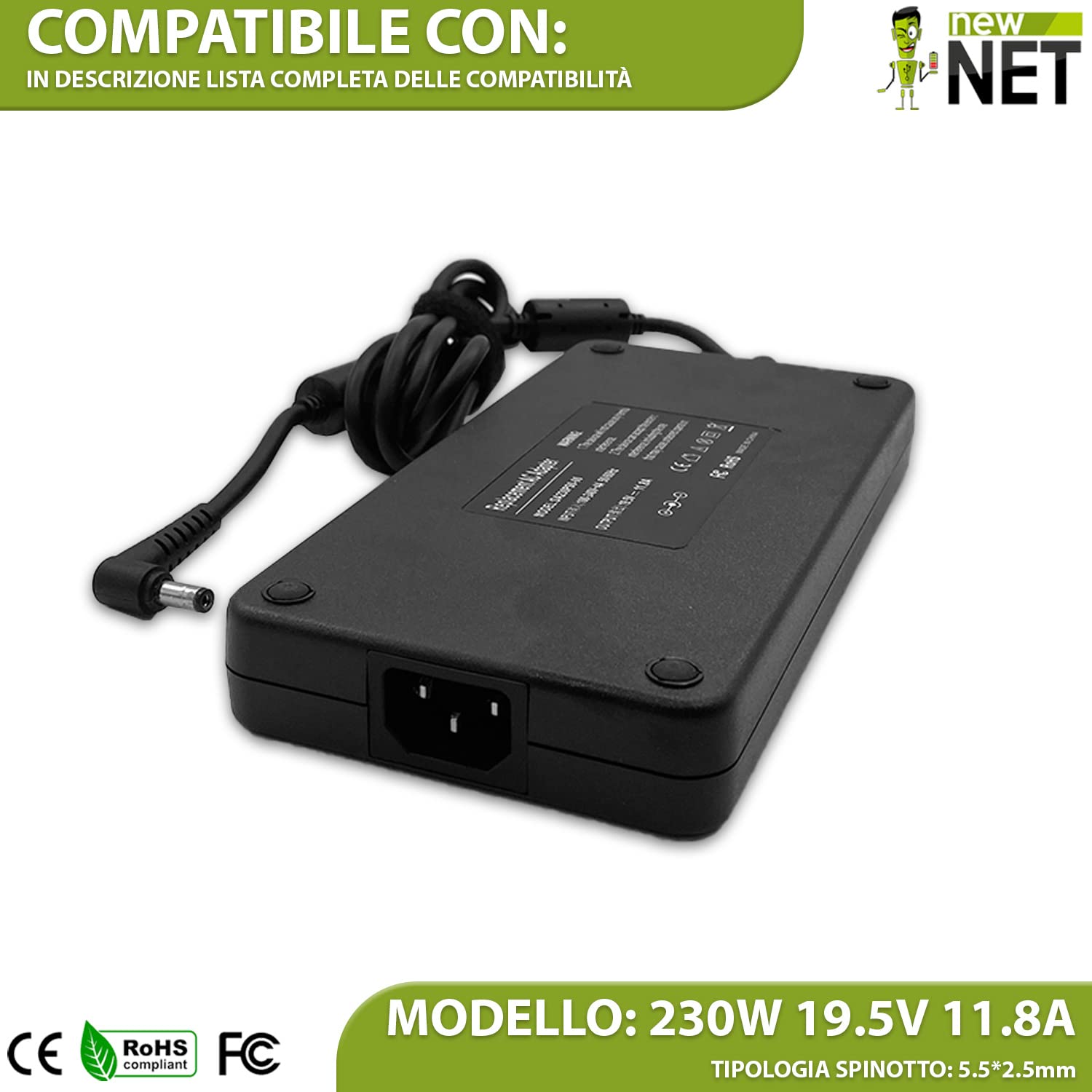 New Net Alimentatore - Caricatore Caricabatteria compatibile con Notebook Gigabyte AERO 15-Y9-4K80P 15XB 15-X8 15S OLED XA-7JP5130SP ZX8-CR5S1 15 OLED XA 15XA [ 19.5V 11.8A 230W - 5.5x2.5 mm ]